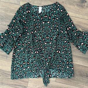Fall leopard print‎ long sleeve blouse with front tie